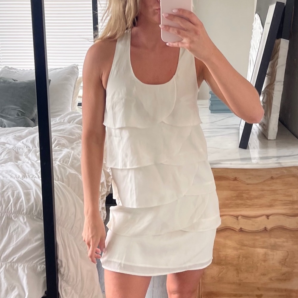Vintage Y2K Criss Cross Cream Boho‎ Chic Fishtail Layered Mini Shift Dress Small